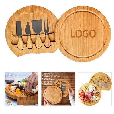 Bamboo Round Cheese Board and 4 Knives Set